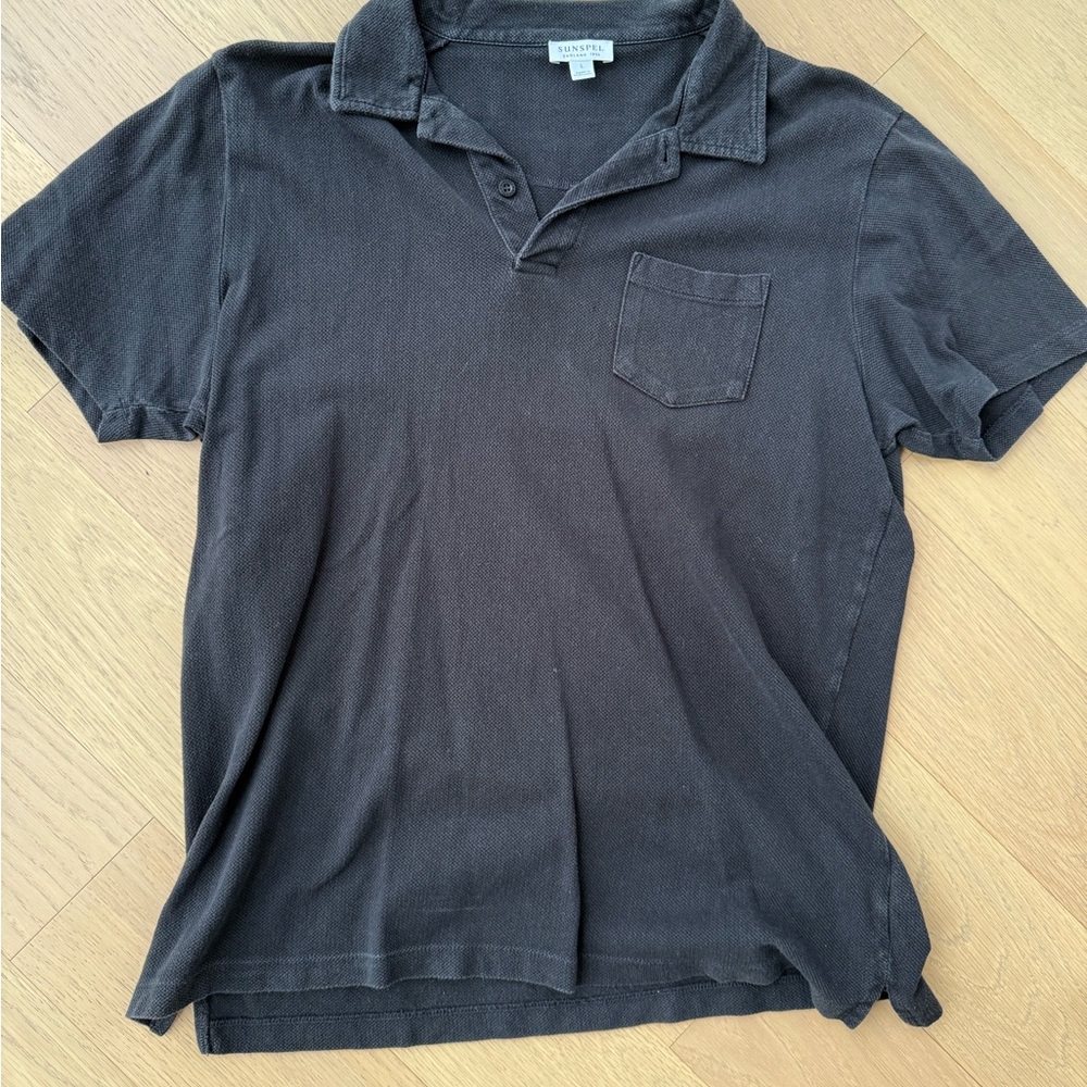 Sunspel Black Polo Short Sleeve Cotton